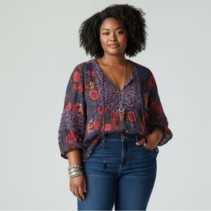 Daniel Rainn Navy and Red Floral Sheer Blouse